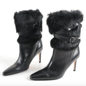 Coach Marlow Black Calf Leather Rabbit Fur High Heel Booties Sz 9.5